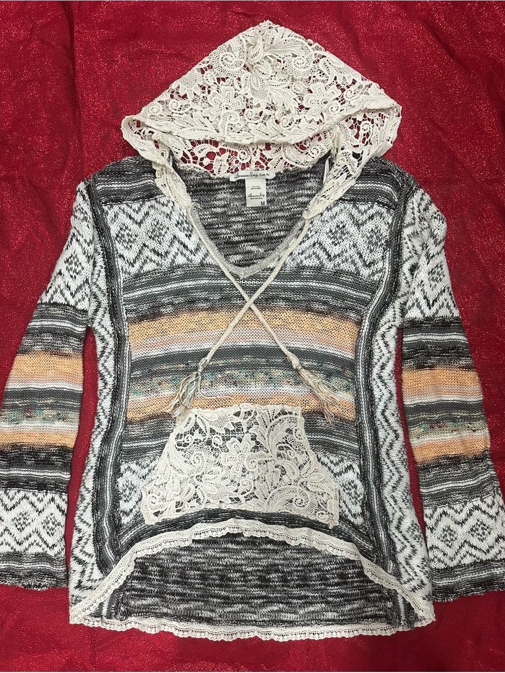 American Rag Crochet Hooded V-Neck Sweater in Gray, Cream, Peach and Teal